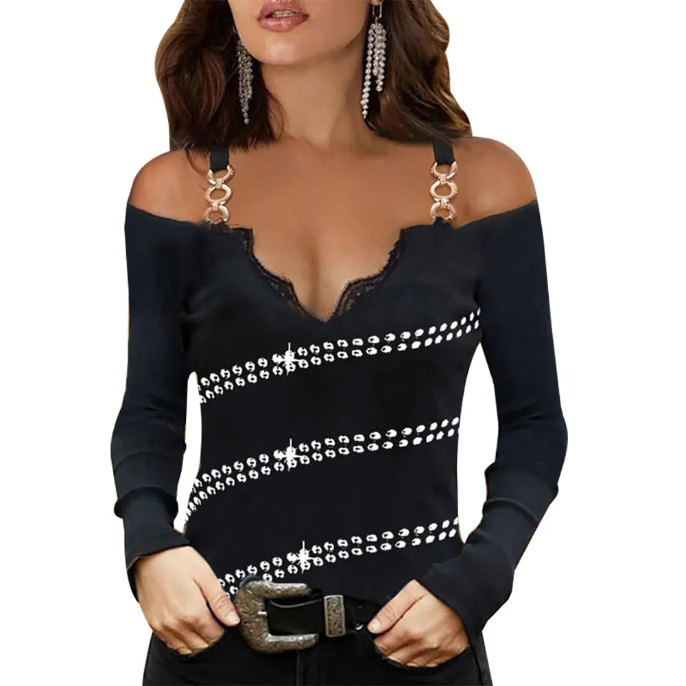 Solid Sexy V Neck Strap Tops for Women Cold Shoulder Sequin Pullover Long Sleeve T-Shirt Lace Patchwork Lady Female Streetwear
Solid Sexy V Neck Strap Tops for Women Cold Shoulder Sequin Pullover Long Sleeve T-Shirt Lace Patchwork Lady Female Streetwear