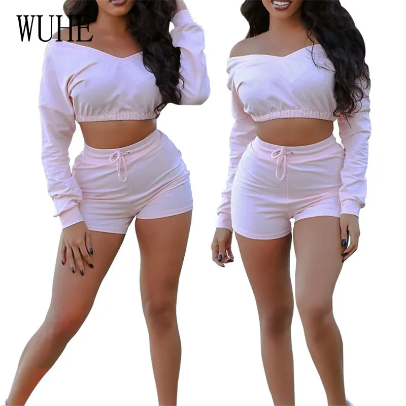 WUHE Tracksuits 2 Sets Off Shoulder Sexy V Neck Long Sleeve Crop Top Drawstring Short Pants Sports Fitness Casual Club Outfits
WUHE Tracksuits 2 Sets Off Shoulder Sexy V Neck Long Sleeve Crop Top Drawstring Short Pants Sports Fitness Casual Club Outfits