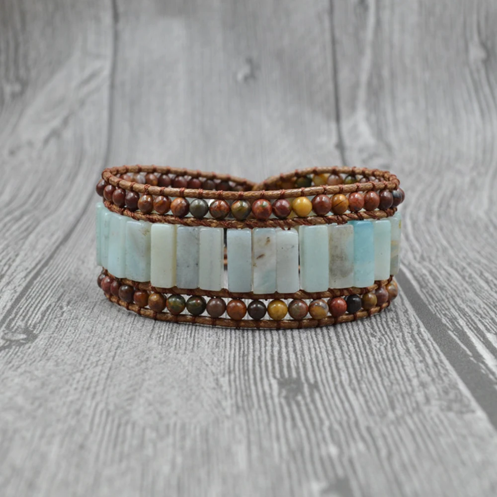 High End Geometric Amazonite Cuff Bracelets for Women 4mm Picasso Stone 3Rows Beads Wrap Bracelets Lucky Jewelry Handmade Gift 
High End Geometric Amazonite Cuff Bracelets for Women 4mm Picasso Stone 3Rows Beads Wrap Bracelets Lucky Jewelry Handmade Gift