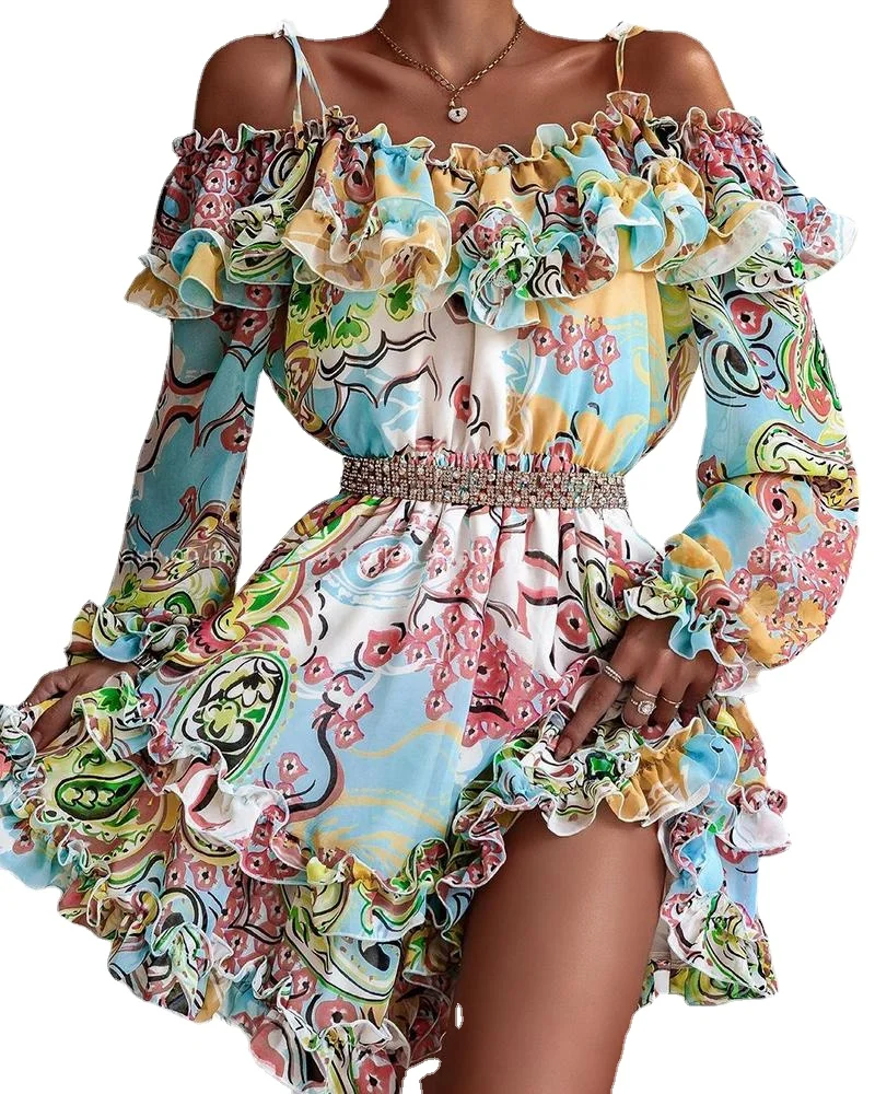Women Cold Shoulder Ruffles Frill Hem Graphic Print Dress Summer Mini Dress
Women Cold Shoulder Ruffles Frill Hem Graphic Print Dress Summer Mini Dress