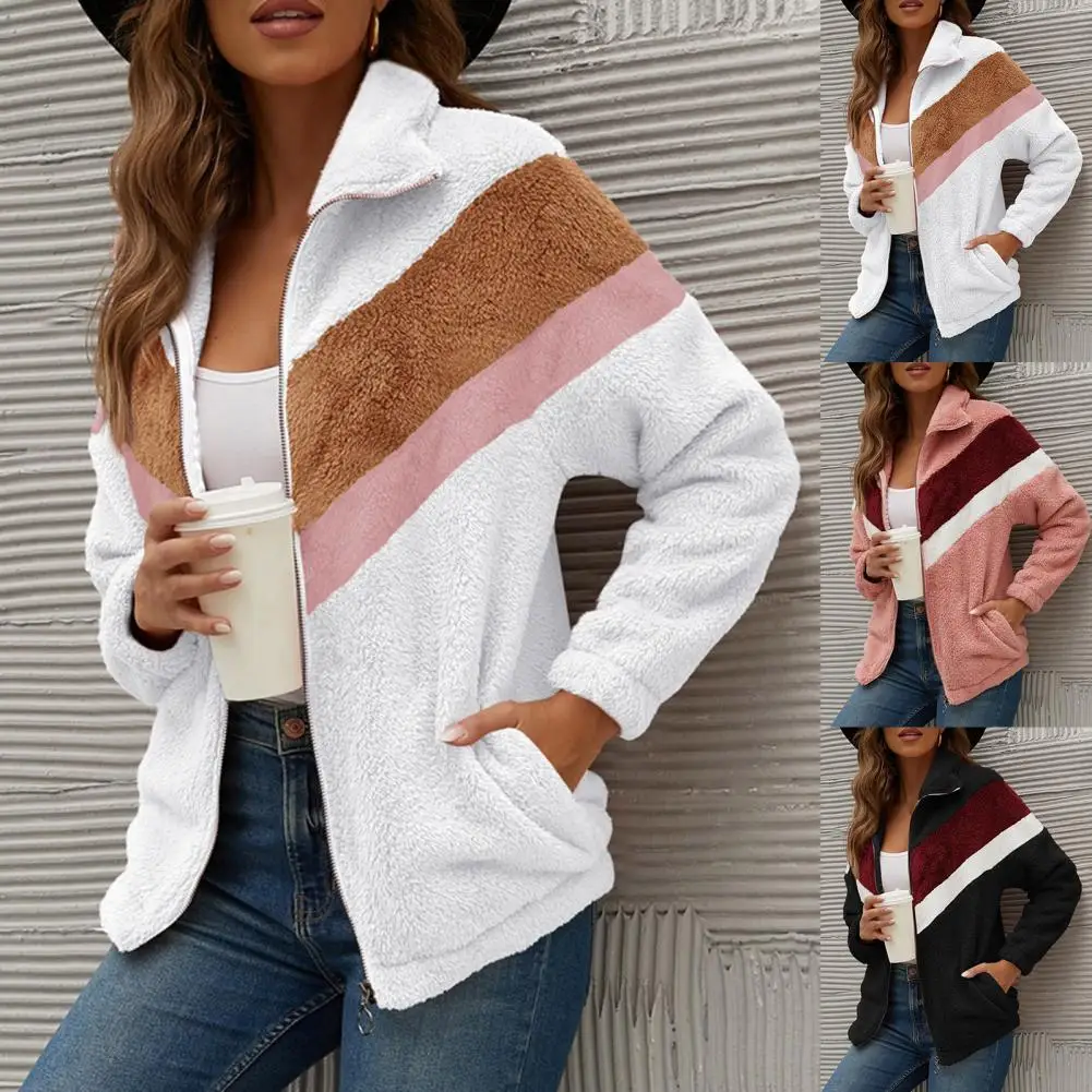 Winter Coat Contrast Colors Stripe Warm Cardigan V Shape Plush Turn-down Collar Lady Jacket for Daily Wear
Winter Coat Contrast Colors Stripe Warm Cardigan V Shape Plush Turn-down Collar Lady Jacket for Daily Wear