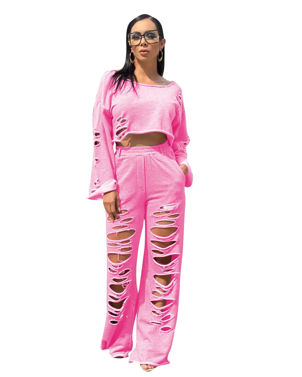 Fall new fashion casual hole two piece suit slim o-neck long sleeve shirt and trousers women's suit
Fall new fashion casual hole two piece suit slim o-neck long sleeve shirt and trousers women's suit