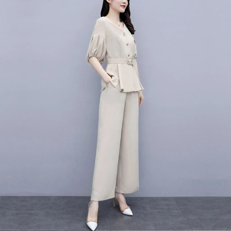 Lady's Suits New Summer Ivory Two-Piece Outfits Slinky Lantern Sleeve V-Neck Blouse Black Casual Office Wide-Leg Pants Workwear
Lady's Suits New Summer Ivory Two-Piece Outfits Slinky Lantern Sleeve V-Neck Blouse Black Casual Office Wide-Leg Pants Workwear