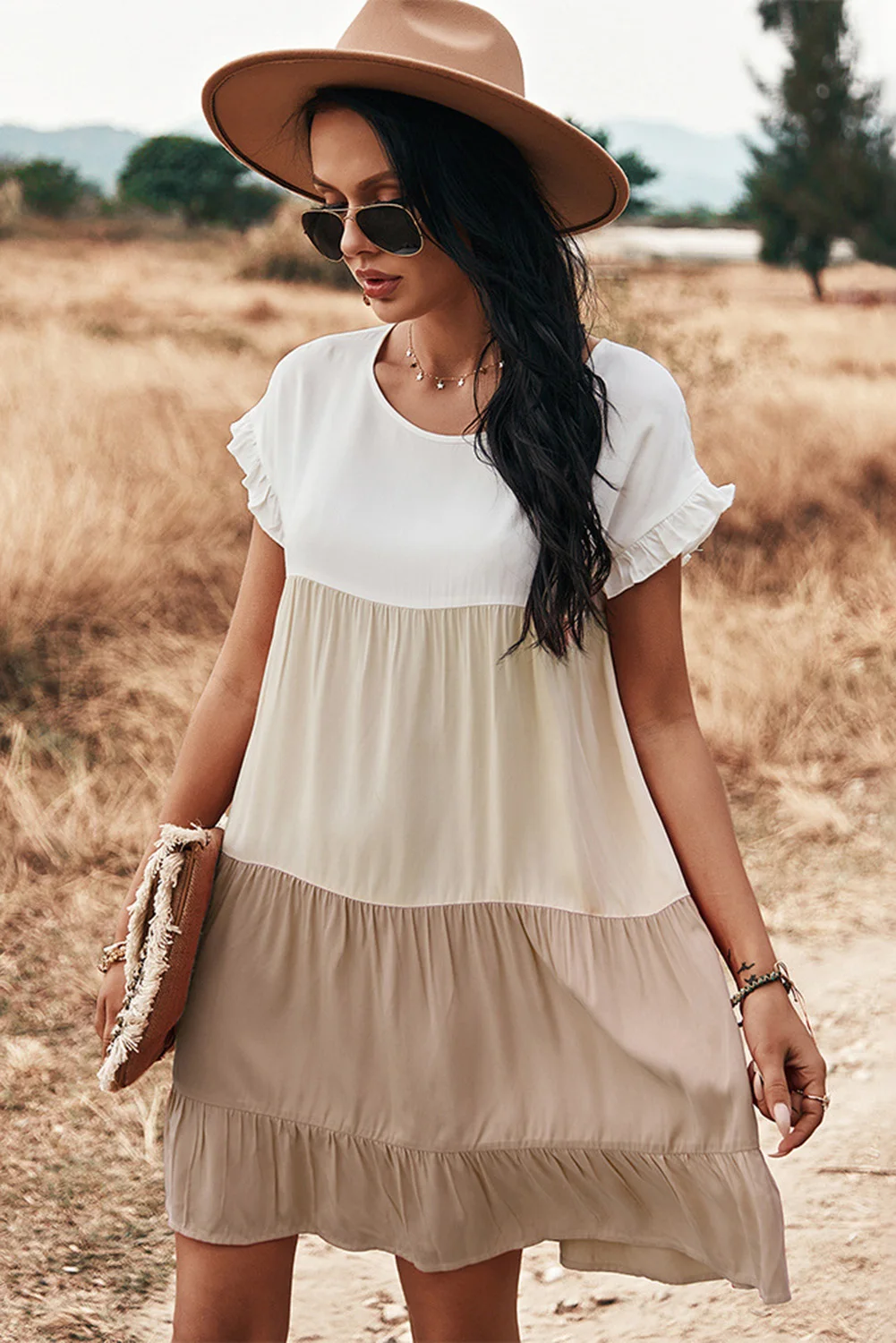 Khaki Loose Fit Ruffled Color Block Dress Women Summer O Neck Short Sleeve Loose A Line Dress
Khaki Loose Fit Ruffled Color Block Dress Women Summer O Neck Short Sleeve Loose A Line Dress