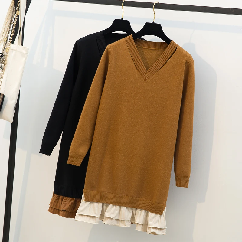 Large-size Women's Wear, Fat Mmv Collar, Long Sleeve, Solid Color Stitching, Slightly Fat Knitted Sweater, Medium-length Dress A
Large-size Women's Wear, Fat Mmv Collar, Long Sleeve, Solid Color Stitching, Slightly Fat Knitted Sweater, Medium-length Dress A
