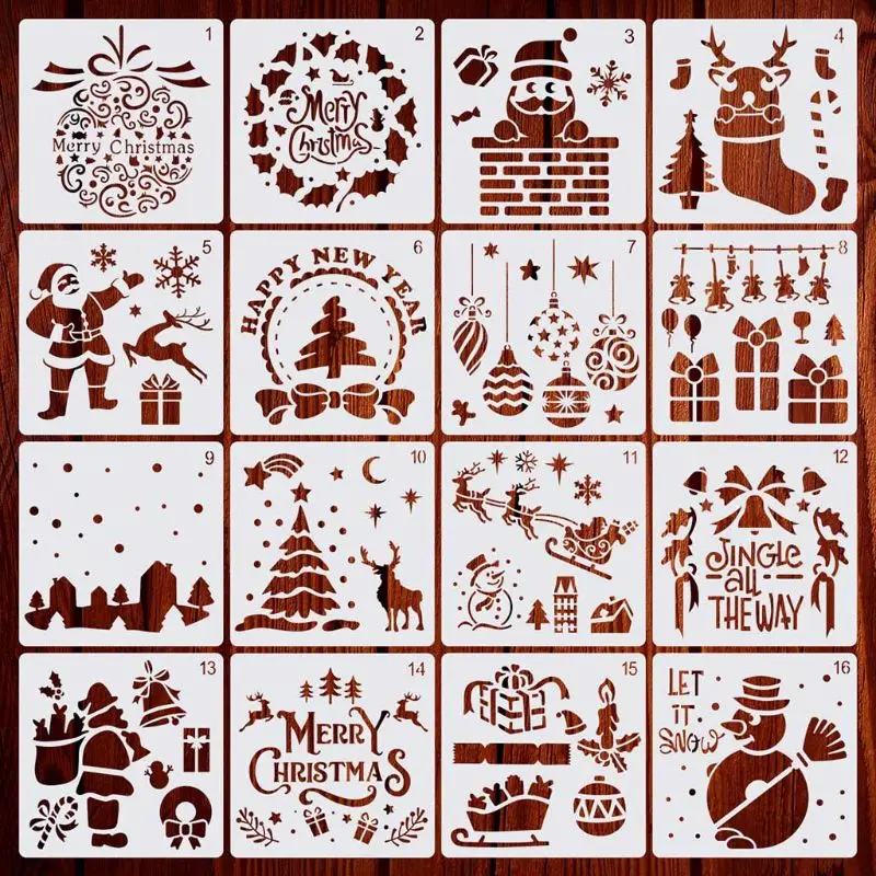 16pcs/set DIY Merry Christmas Drawing Stencil Templates Embossing Paper Painting 28GE
