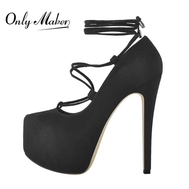 

Onlymaker Concise Lace-Up Stiletto High Heel Pumps Inner Platform Black Faux Suede Ankle Cross Strap Large Size Spring Autumn