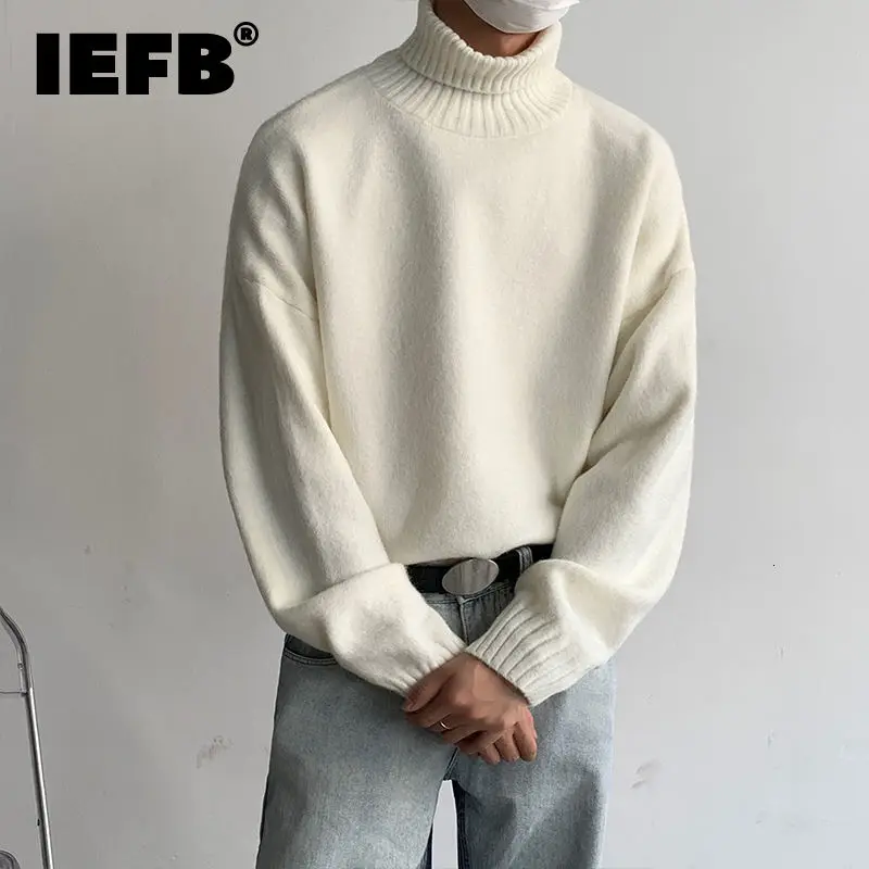 Свитер IEFB мужской с воротником-хомутом модный Свободный трикотажный белый