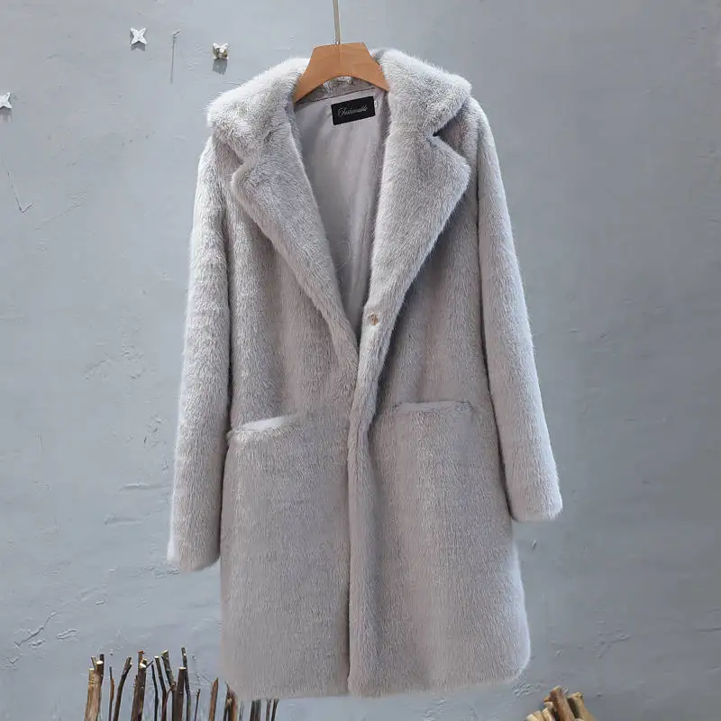 Women Mink Faux Fur Coat Solid Female Turn Down Collar Winter Warm Fake Fur Lady Coat Casual Jacket