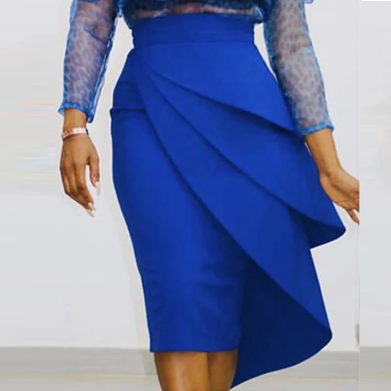 Фото Юбка-миди синяя плиссированная юбка с оборками высокой талией для осени и
