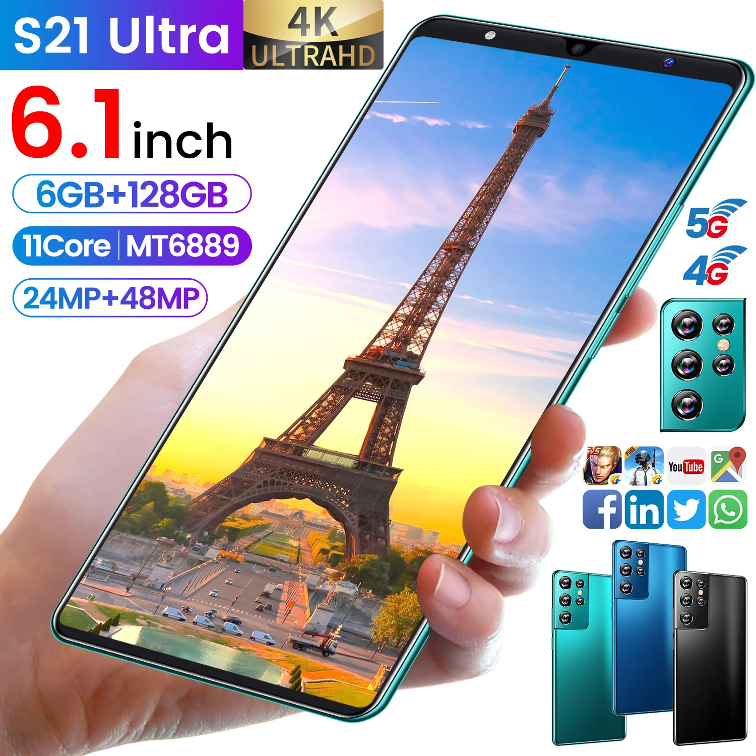 S21 Ultra Cheap Smart Phone 6.1 HD+ Inch Andriod 11 6GB+128GB 24MP+48MP 5000mAh 1440*3200 5G LTE 10 Core Mobile Phone Celular
S21 Ultra Cheap Smart Phone 6.1 HD+ Inch Andriod 11 6GB+128GB 24MP+48MP 5000mAh 1440*3200 5G LTE 10 Core Mobile Phone Celular