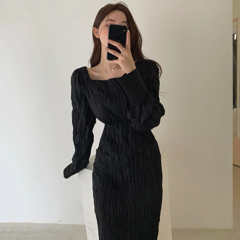 Korean Style Elegant Woman Long Dress 2020 Full Sleeve Square Neck Slolid Color Casual High Waist Ladies Dresses Vintage
Korean Style Elegant Woman Long Dress 2020 Full Sleeve Square Neck Slolid Color Casual High Waist Ladies Dresses Vintage