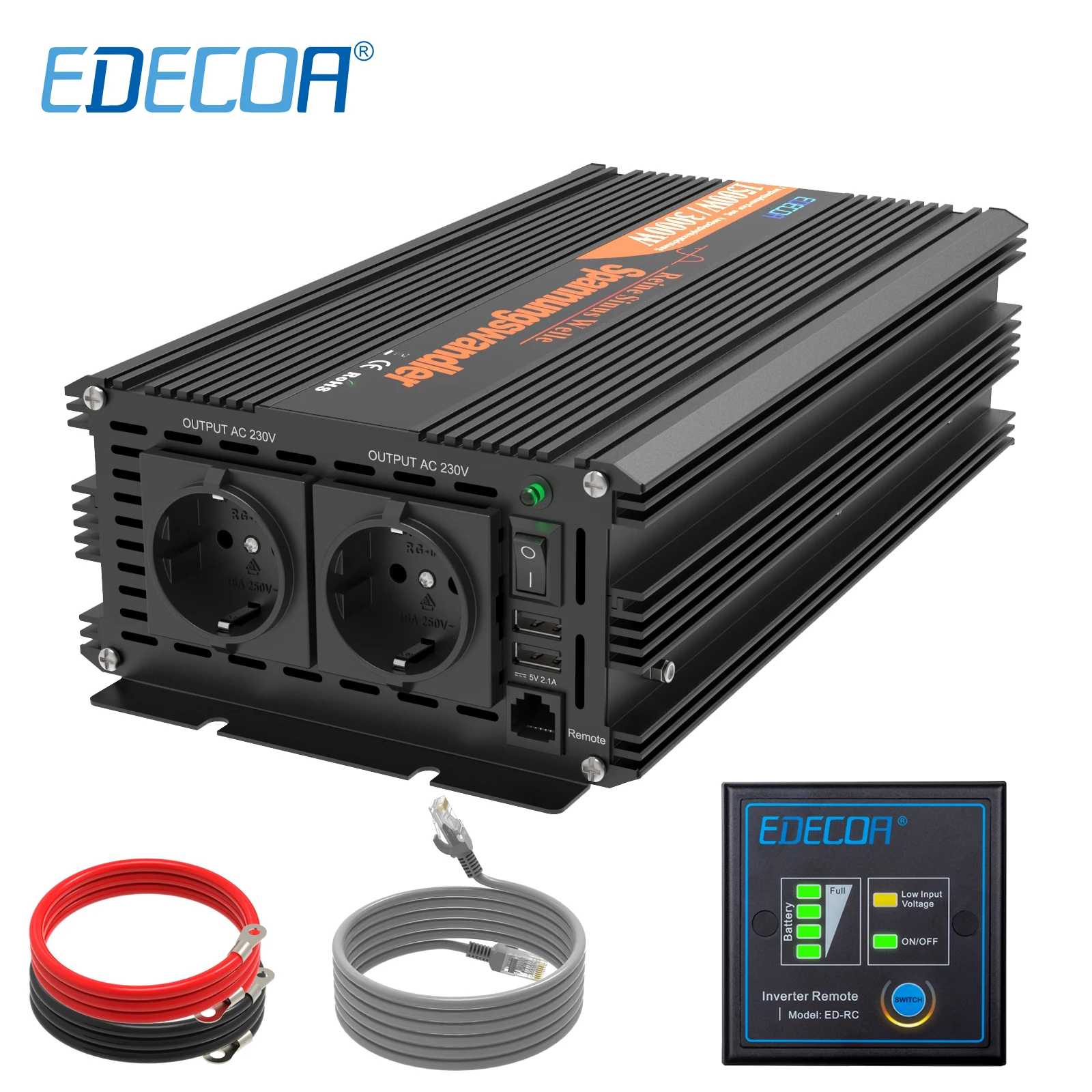 Инвертор 12v 220v 1500w Edecoa DC 12V 24V TO 230V Off Grid Converter Power Pure Sine Wave 3000w on.