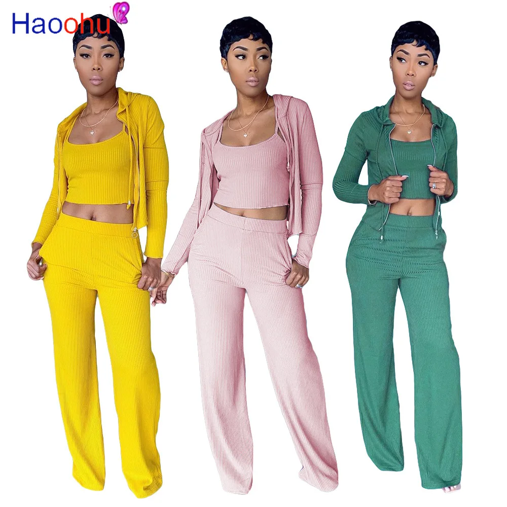HAOOHU Fashion Ribbed Ladies 3 Piece Sets Suits Zipper Long Sleeve Hooded Jacket+ Crop Vest+ Wide Leg Pants New Women Outfits
HAOOHU Fashion Ribbed Ladies 3 Piece Sets Suits Zipper Long Sleeve Hooded Jacket+ Crop Vest+ Wide Leg Pants New Women Outfits