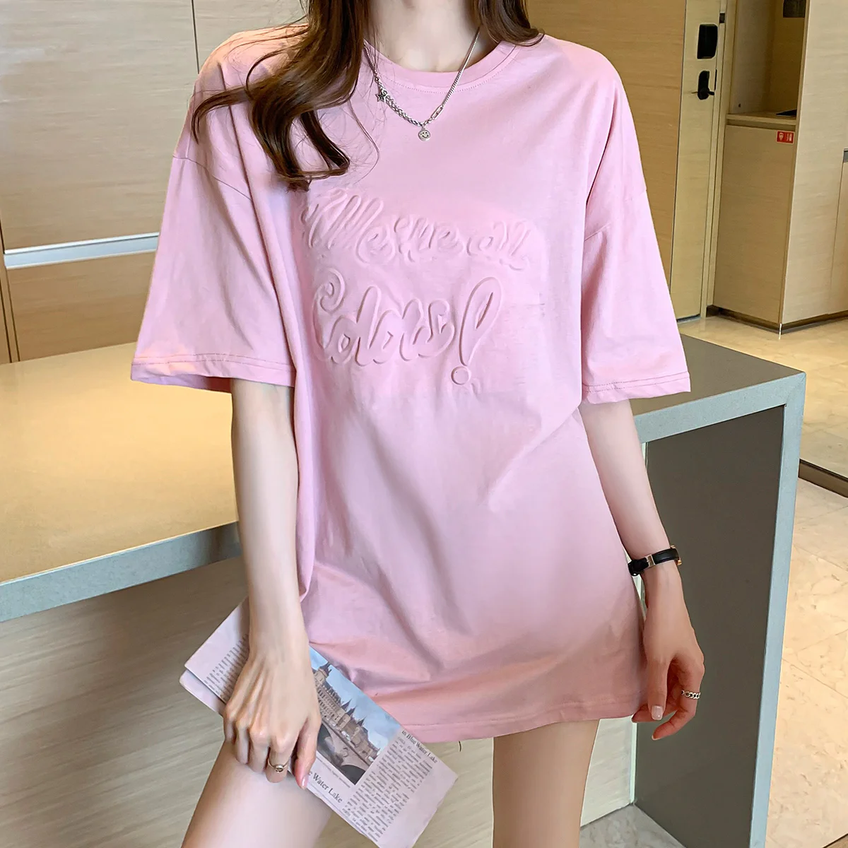 Summer Oversize Long T Shirt For Dress Women Tshirt Short Sleeve Tee Shirt Femme Loose Three-dimensional Letters Tops 2021
Summer Oversize Long T Shirt For Dress Women Tshirt Short Sleeve Tee Shirt Femme Loose Three-dimensional Letters Tops 2021