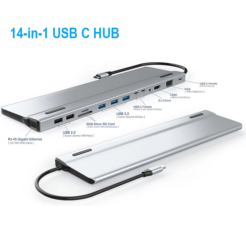 

14 in 1 Usb C Hub 3.0 Type c Docking Station USB C To HDMI VGA TF/SD Card Reader RJ45 PD Audio For MacBook Pro Huawei Matebook