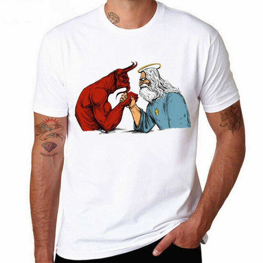 Satan Vs God War T Shirt And Armwrestling Unisex Graphic Retro Tops TEE Shirt| |