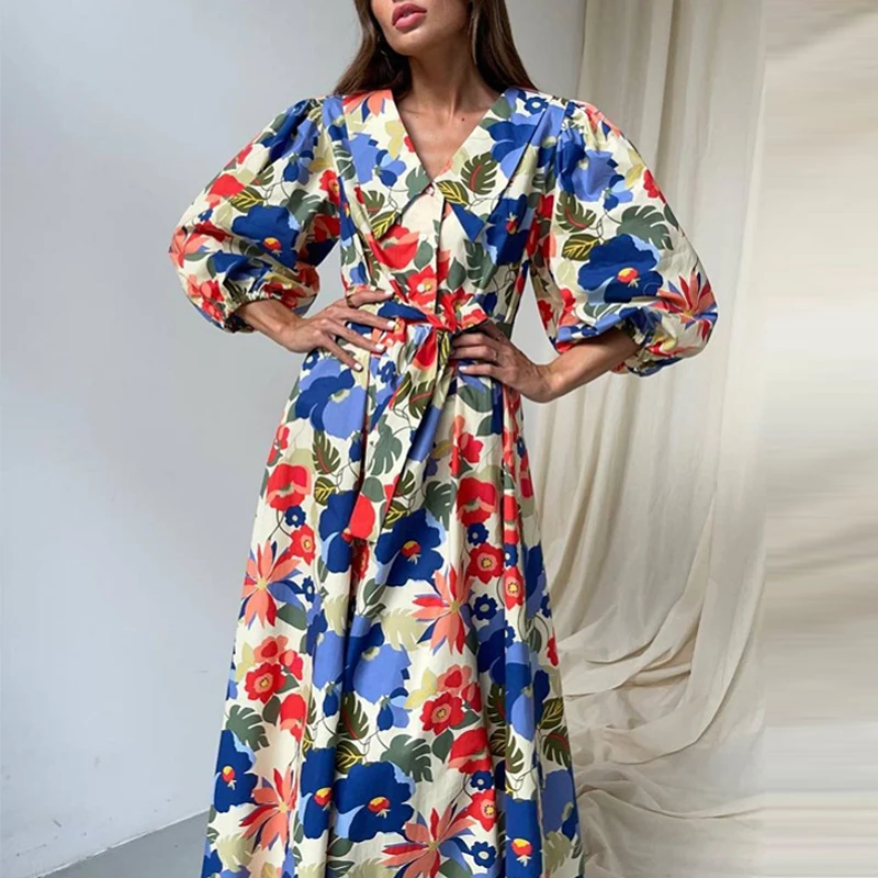 Vintage Women Floral Printed Midi Dress Turndown Collar Lantern Sleeves Lace Up Party Dress Autumn Female Button Loose Vestido
Vintage Women Floral Printed Midi Dress Turndown Collar Lantern Sleeves Lace Up Party Dress Autumn Female Button Loose Vestido