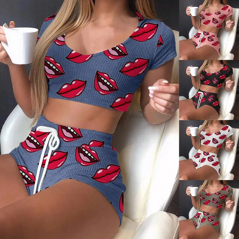 Two Piece Sexy Lips Print Pajama Set Cotton Top+Shorts Pyjamas Short Sleeve Sleepwear High Elastic Pijama Nightie Home Clothes
Two Piece Sexy Lips Print Pajama Set Cotton Top+Shorts Pyjamas Short Sleeve Sleepwear High Elastic Pijama Nightie Home Clothes