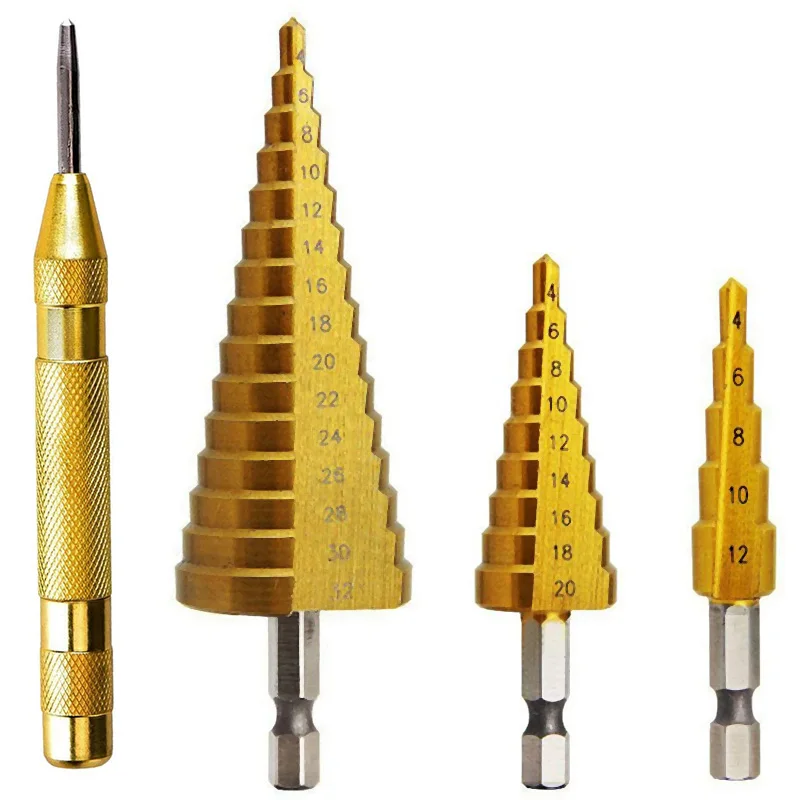 3Pcs Step Drill Bit Set with Center Punch,4-12mm/4-20mm/4-32mm Drill Bits Set for Sheet Metal Hole Drilling
3Pcs Step Drill Bit Set with Center Punch,4-12mm/4-20mm/4-32mm Drill Bits Set for Sheet Metal Hole Drilling