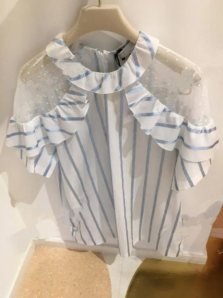 2021 Summer Female New Round Neck Ruffled Patchwork Pullover Blusas Women Fashion Cold-Shoulder Mesh Stripes Short Sleeve Shirt
2021 Summer Female New Round Neck Ruffled Patchwork Pullover Blusas Women Fashion Cold-Shoulder Mesh Stripes Short Sleeve Shirt