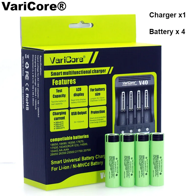 VariCore V40 3.7V 18650 26650 18350 1.2V AA AAA Lithium battery Charger + 4PCS NCR18650B 3400mAh Battery Flashlight batteries
VariCore V40 3.7V 18650 26650 18350 1.2V AA AAA Lithium battery Charger + 4PCS NCR18650B 3400mAh Battery Flashlight batteries