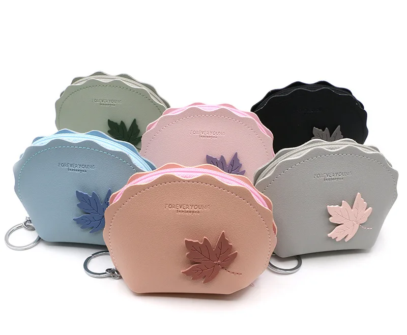 Cute Lovely Coins Purse for Women Maple Leaf Embroidery Design Shell Shape PU Wallet Keychain Bag Zipper Femme Sac | Багаж и сумки