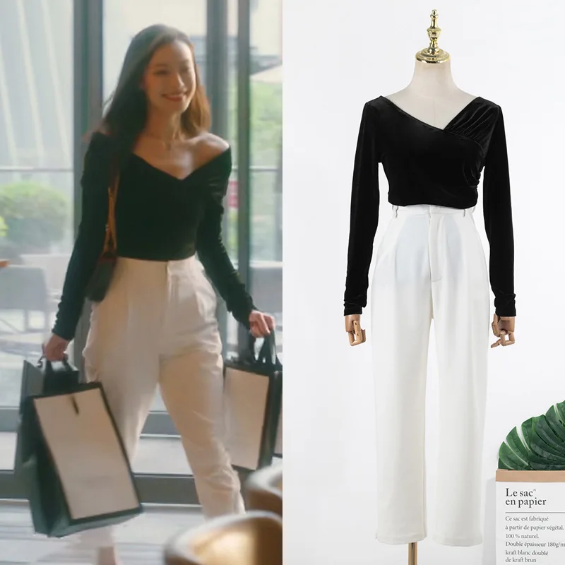 

Kpop IU Seo Yea Ji Black Sexy V-neck Strapless Slim Full Sleeve T-Shirt Tops+White High-Waist Straight Pants Women Two Piece Set