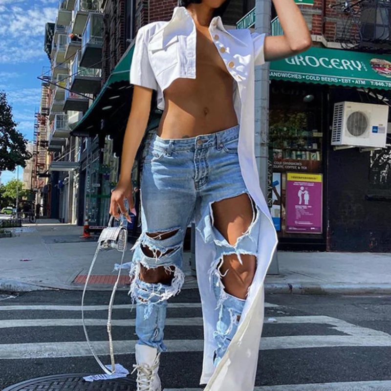 

Sexy Asymmetric Lapel Button Up Short Sleeve Open Waist Summer Cardigans Young Girls Y2k Aesthetic Tees White T-shirt Streetwear