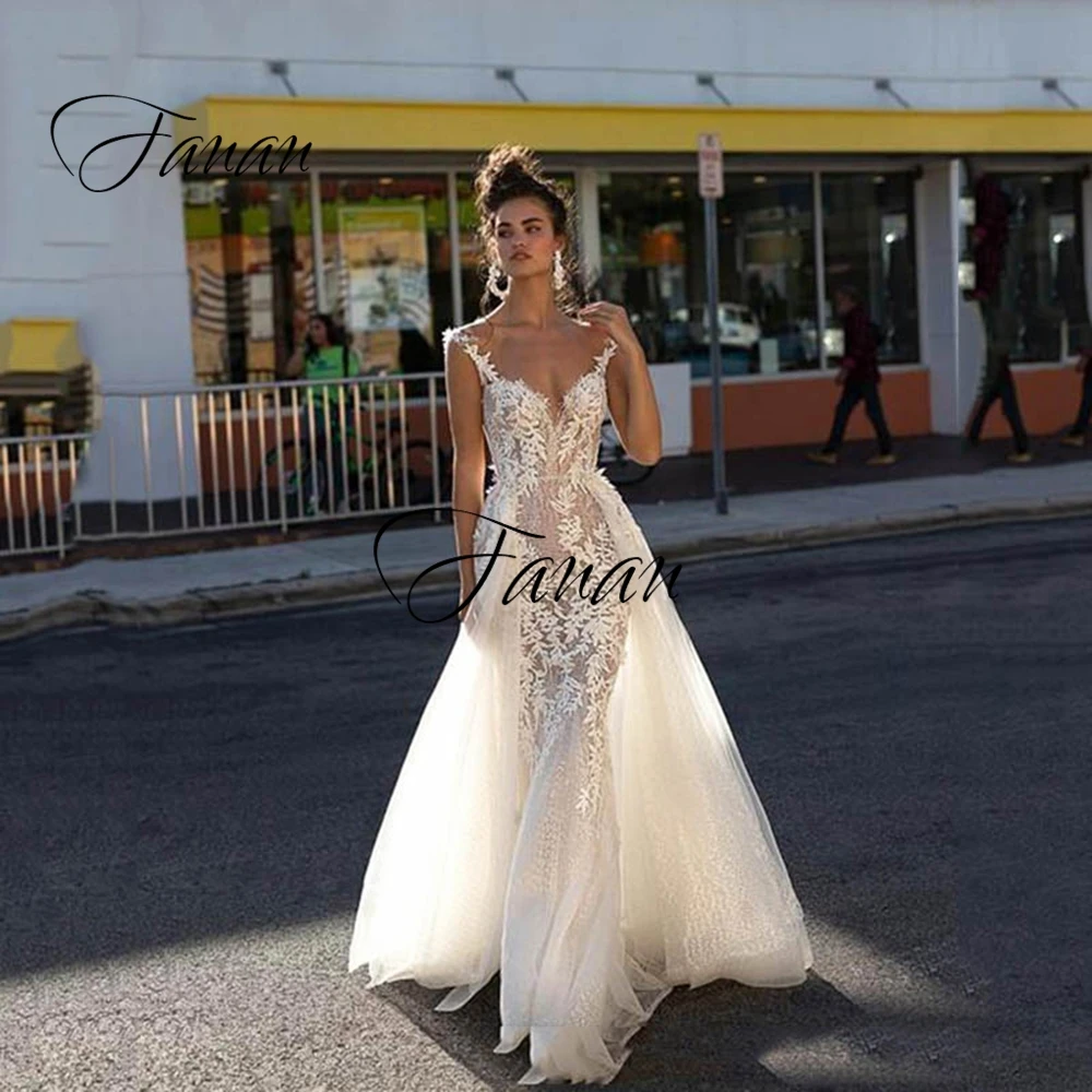 Sexy See-Through Mermaid Wedding Dress With Detachable Tail Backless V Neck Lace Applique Boho Bridal Gown robe de soirée
Sexy See-Through Mermaid Wedding Dress With Detachable Tail Backless V Neck Lace Applique Boho Bridal Gown robe de soirée