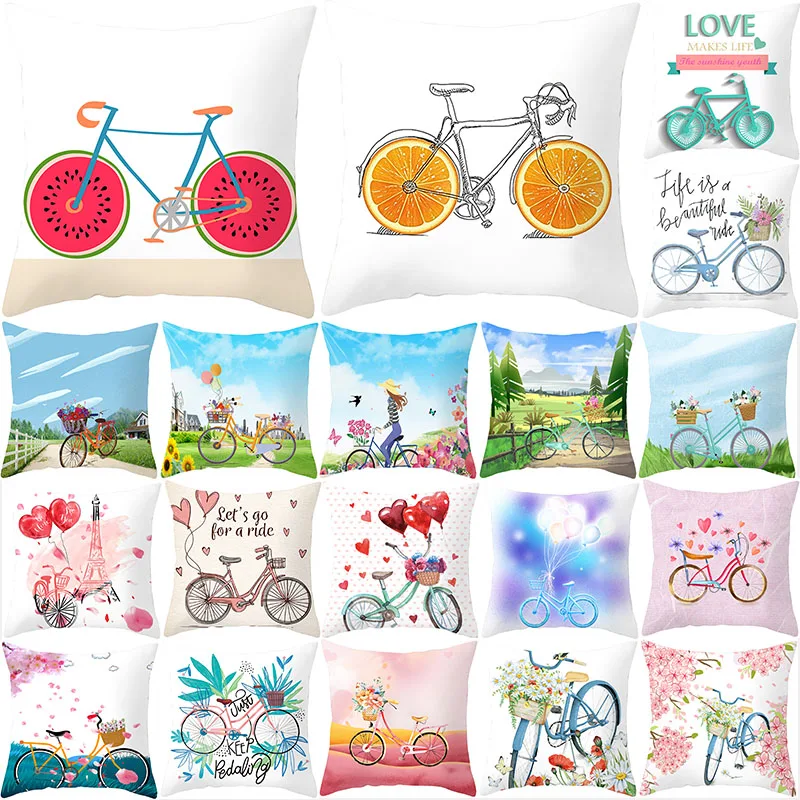 Наволочка на подушку "Летний велосипед" 45х45, декор с изображением пейзажа, декоративная наволочка для дивана, печать на полиэстеровых наволочках, предметы для домашнего декора.