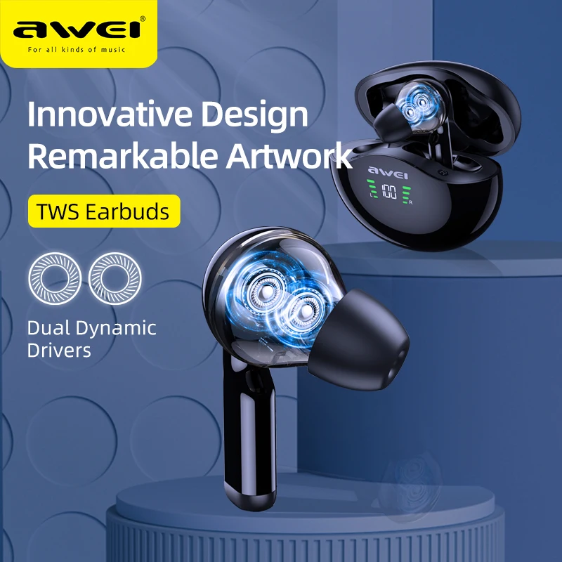 Awei T12P Dual Dynamic Driver Earbuds TWS Wireless Earphone Handsfree Deep Bass Touch Control Bluetooth 5.0 In-Ear With Mic 
Awei T12P Dual Dynamic Driver Earbuds TWS Wireless Earphone Handsfree Deep Bass Touch Control Bluetooth 5.0 In-Ear With Mic