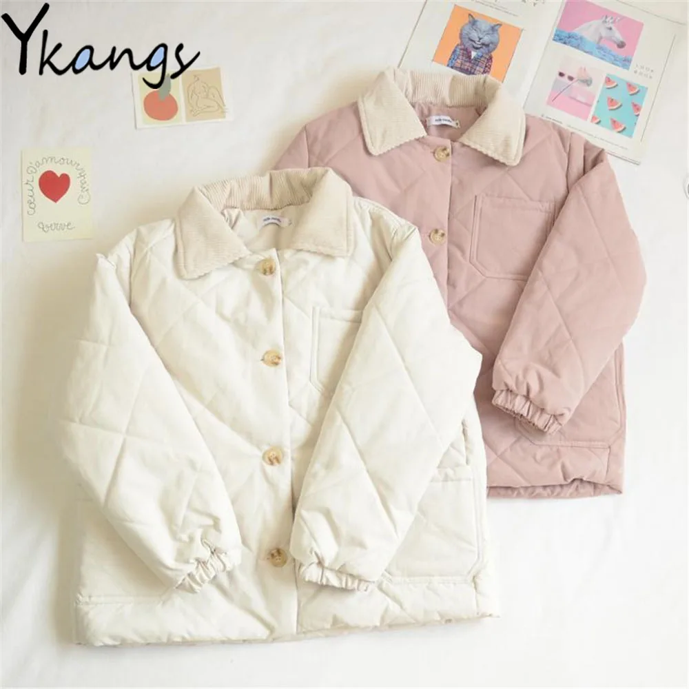 Pockets Corduroy Collar Stitching Buttons Cotton Padded Coat Sweet Kawaii Girl Simple Clean Quilted Jacket Fall Student Clothing
Pockets Corduroy Collar Stitching Buttons Cotton Padded Coat Sweet Kawaii Girl Simple Clean Quilted Jacket Fall Student Clothing