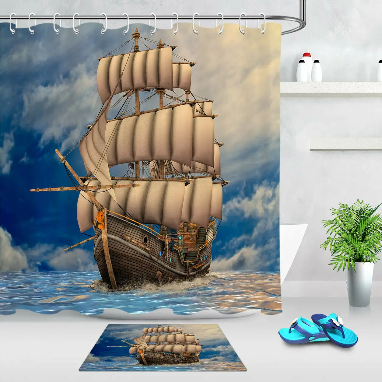 Waterproof Fabric Retro Multi-masted Sailing Shower Curtain Set Bathroom Hooks
Waterproof Fabric Retro Multi-masted Sailing Shower Curtain Set Bathroom Hooks
