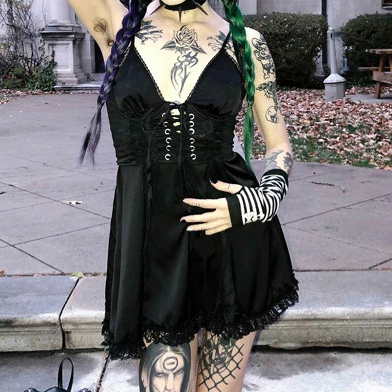 E-girl Gothic Goth Black A-line Dress y2k Aesthetic Fairycore Grunge Bandage Lace Trim Mini Dress Korean Vintage Clothes Women
E-girl Gothic Goth Black A-line Dress y2k Aesthetic Fairycore Grunge Bandage Lace Trim Mini Dress Korean Vintage Clothes Women