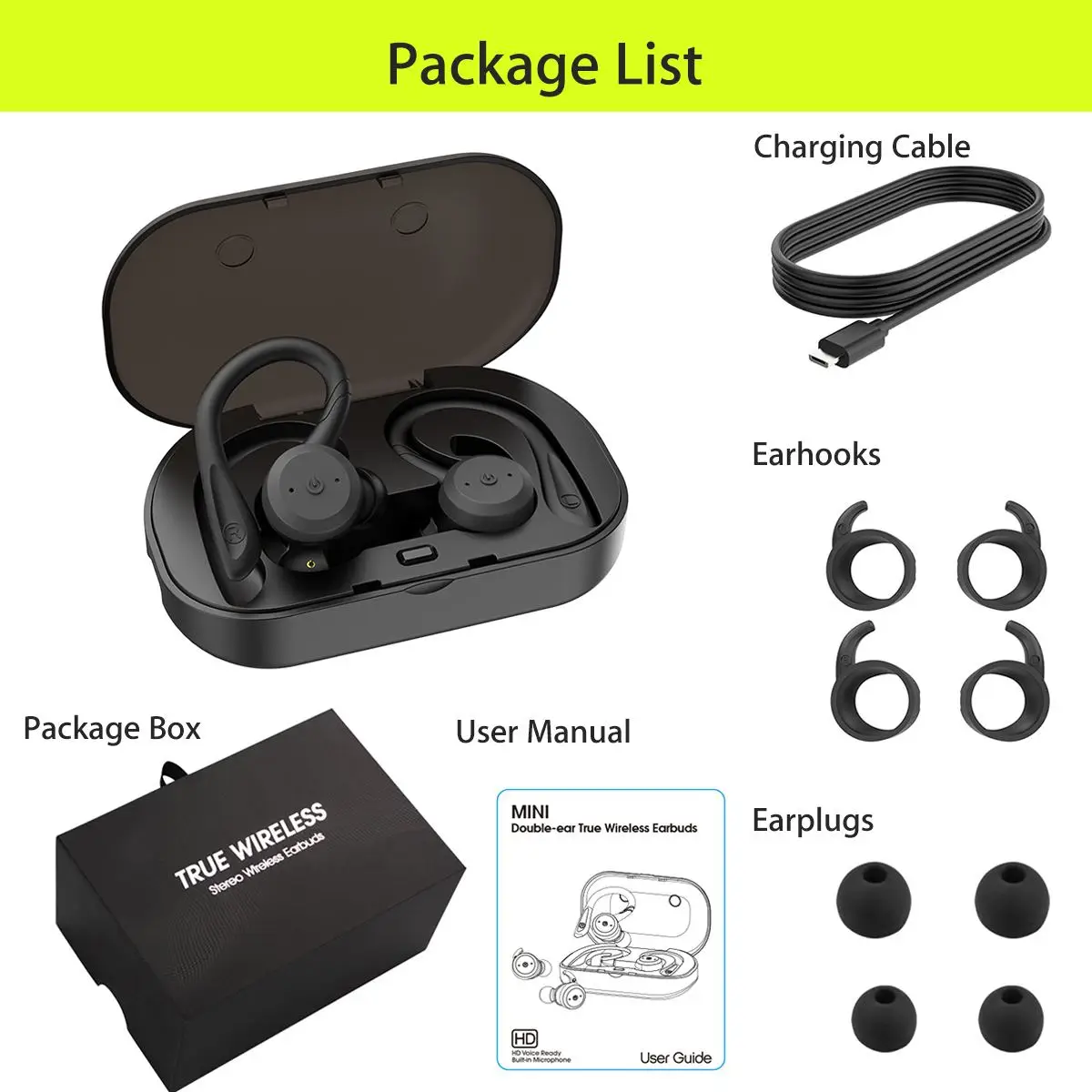 TWS bluetooth 5.0 Detachable Earhooks Earphones Headphone IPX7 Waterproof Sport 360 Degree HD Heavy Bass Earbud Headset with Mic |