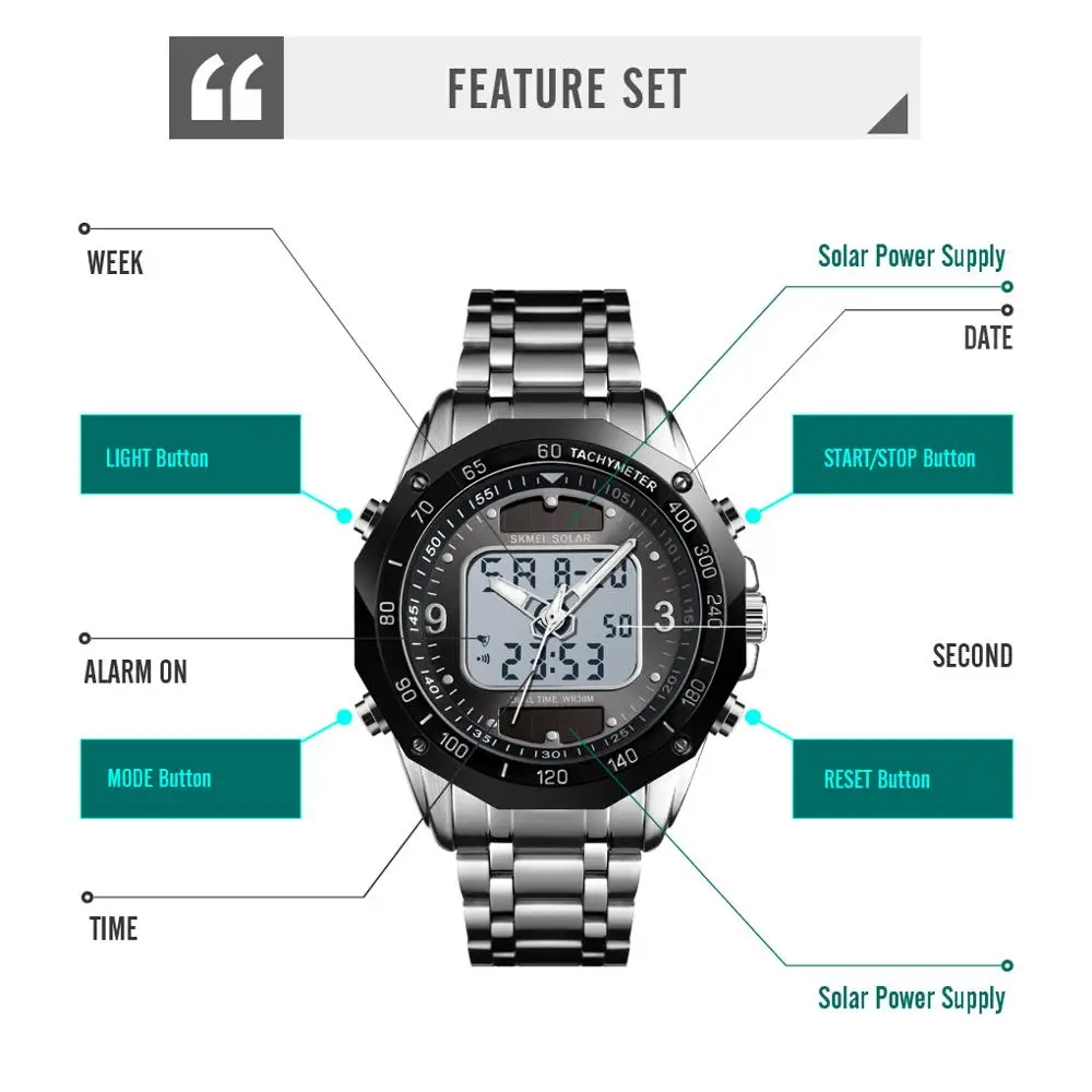 SKMEI Dual Time Display Solar Power Men Watch Anlog Digital Wristwatch Life Waterproof Sport Stainless Steel Luminous Male Clock
SKMEI Dual Time Display Solar Power Men Watch Anlog Digital Wristwatch Life Waterproof Sport Stainless Steel Luminous Male Clock