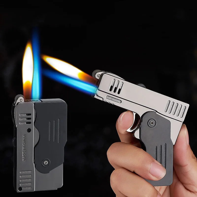 

Grinding Wheel Metal Lighters Windproof Butane Gas Lighters Double Fire Cigarette Lighter Jet Torch Creative Deformation Pistol