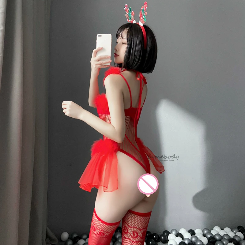 

Christmas Cosplay Costumes Elk Headband Princess Outfits Sexy Lingerie Role Play Uniform Santa Girl See Through Fishnet Bodysuit