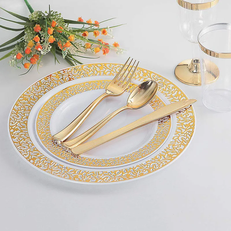 25pcs Rose Golden Plastic Dishes Disposable Lace Design Wedding Party Plates Gold Tableware set Knife Fork Spoon Food-grade Dish
25pcs Rose Golden Plastic Dishes Disposable Lace Design Wedding Party Plates Gold Tableware set Knife Fork Spoon Food-grade Dish