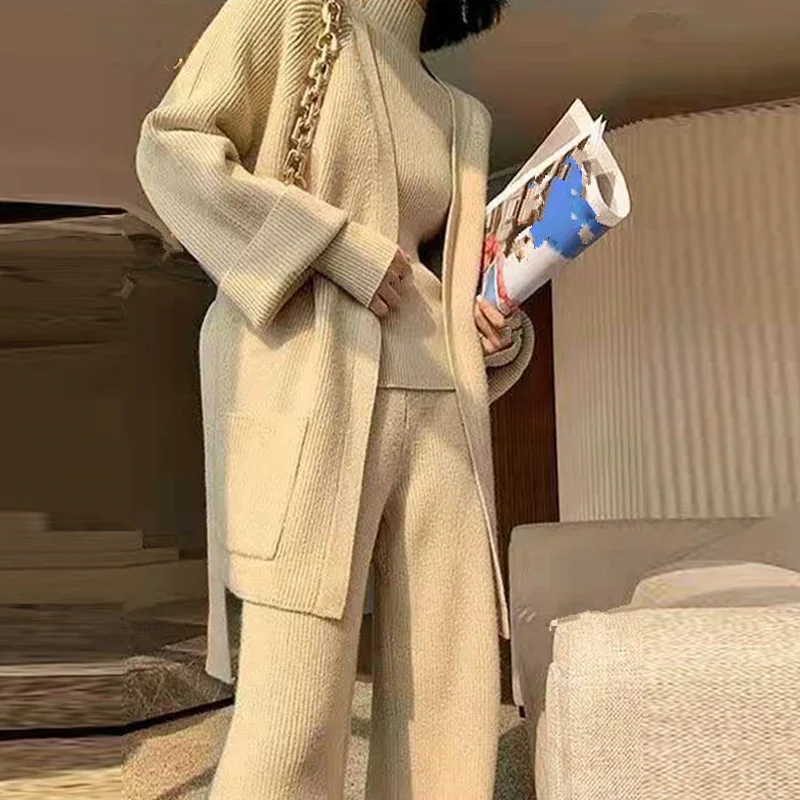Knit Women Sweater Cardigan Three-piece Set Thick Warm Knitted Wide-leg Pant Suit Female 2022 Autumn Winter Lady Streetwear Sets
Knit Women Sweater Cardigan Three-piece Set Thick Warm Knitted Wide-leg Pant Suit Female 2022 Autumn Winter Lady Streetwear Sets