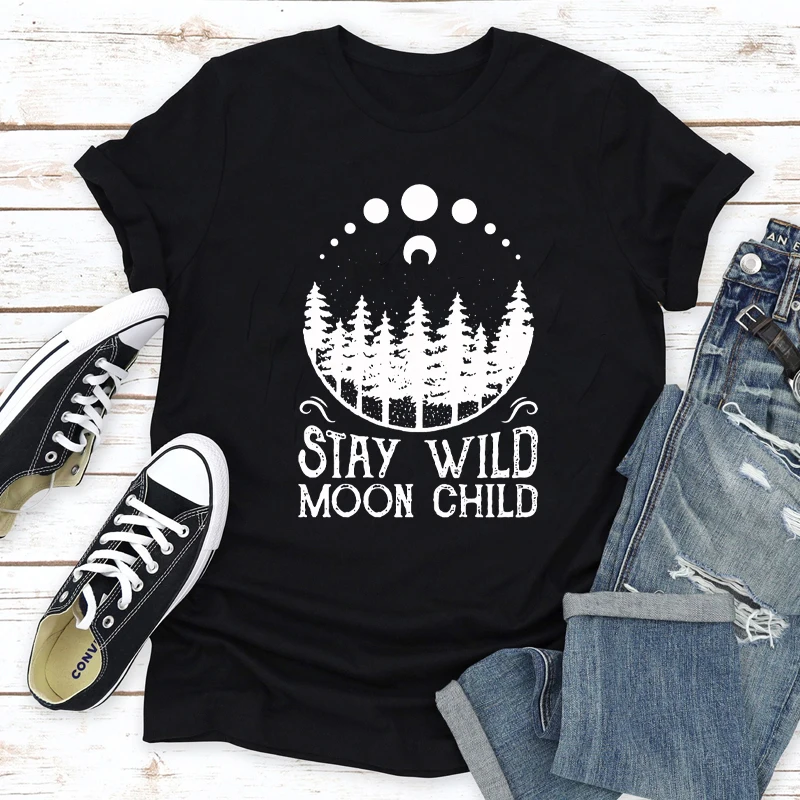 Stay Wild Moon Child T-shirt Aesthetic Moon Phases Astronomy Tshirt Women Boho Forest Nature Top Tee Shirt
Stay Wild Moon Child T-shirt Aesthetic Moon Phases Astronomy Tshirt Women Boho Forest Nature Top Tee Shirt