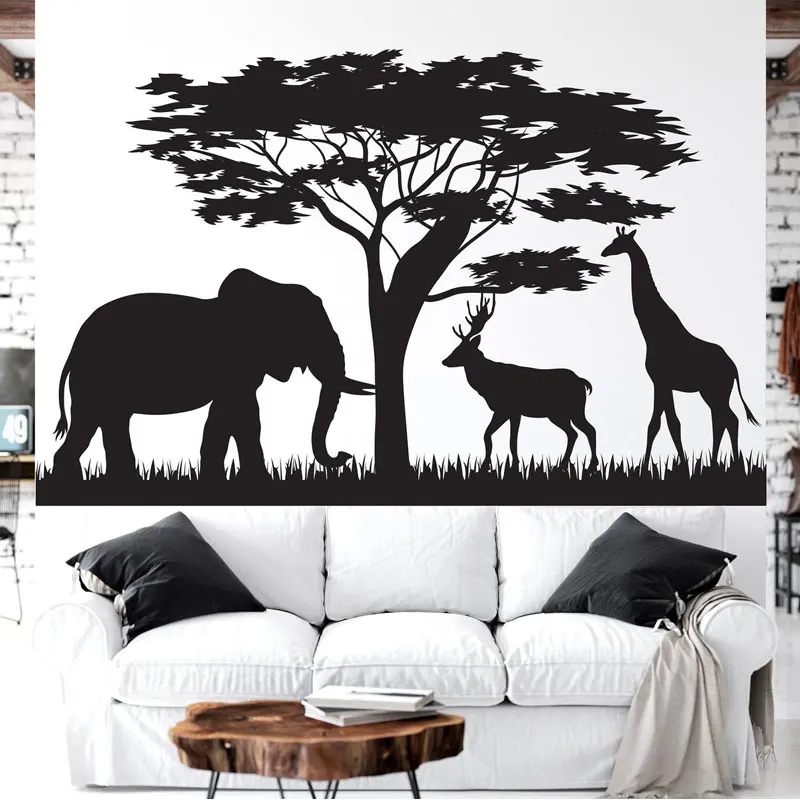 

African Forest Animals Elephant, Giraffe, Deer Wall Sticker Vinyl Home Decor for Living Room Bedroom Decals Mural Wallpaper A924