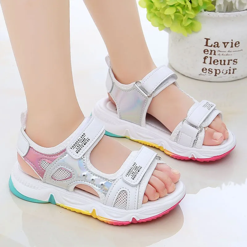 2021 Fashion Girls Sandals Rainbow Single Kids Beach Shoes New Summer Kids Sandals for Girls Princess Casual Shoes Leather