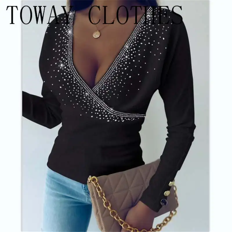 Стразы Декор с длинным рукавом топ с запахом 
Стразы Декор с длинным рукавом топ с запахом