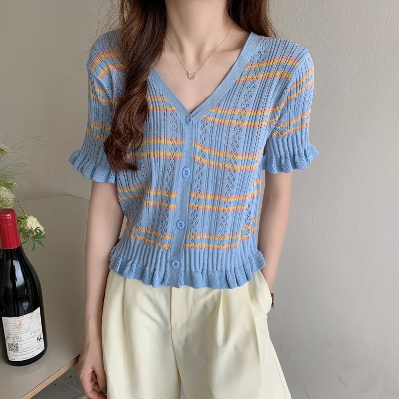 New Short Sleeve Knit Blouse Female Korean Style Women Single Breasted Striped Cardigan Casual All-Match Hollow Out Sweater Tops
New Short Sleeve Knit Blouse Female Korean Style Women Single Breasted Striped Cardigan Casual All-Match Hollow Out Sweater Tops