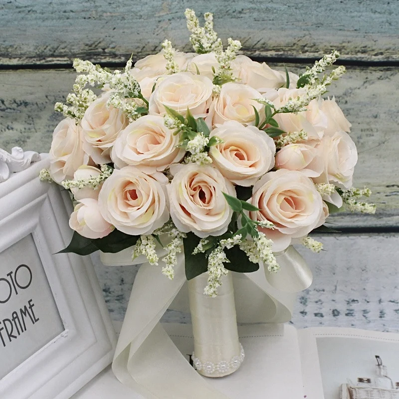 

Новое поступление Свадебные букеты Искусственные натуральные цвета шампанского белые розовые зеленые розы цветы ручной работы Ленточные ...