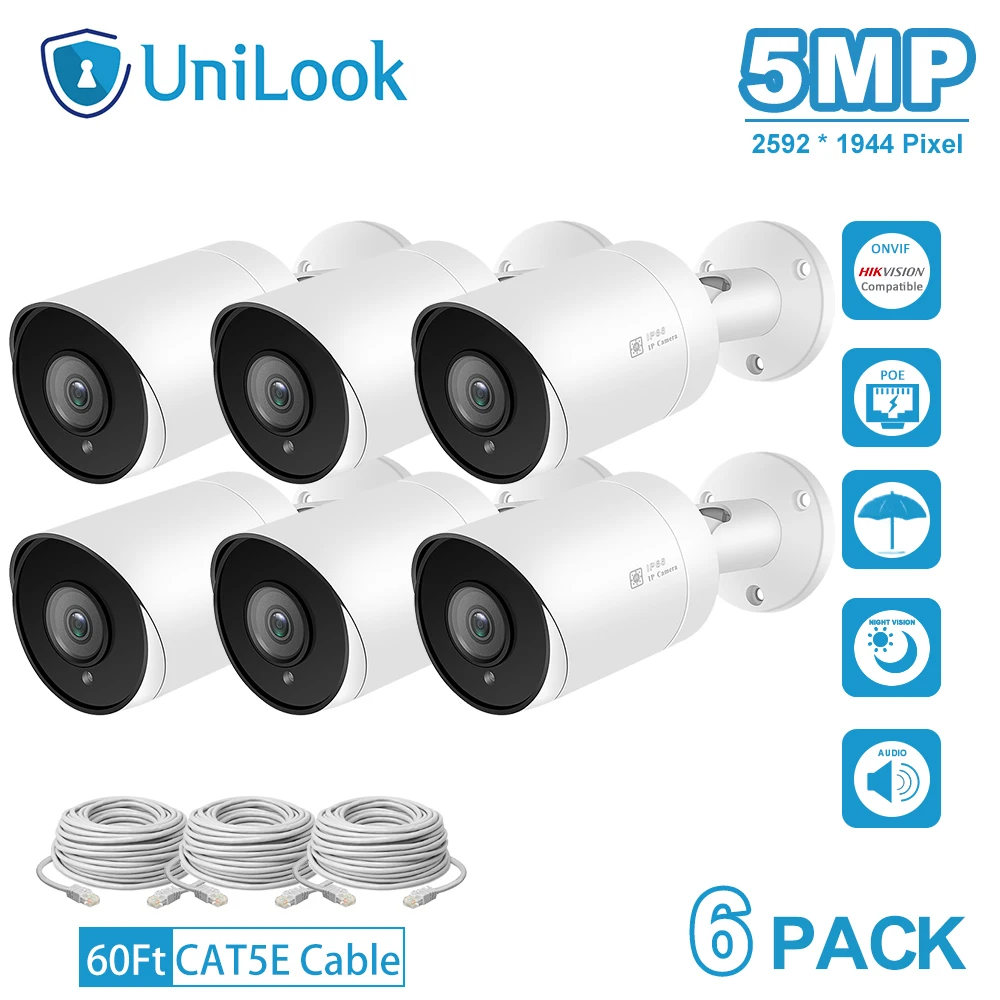 

UnilLook 5MP Bullet IP Camera 6PCS Onvif POE Built-in Microphone SD Card Slot IR 30m Security Camera Outdoor IP 66 H.265 ONVIF