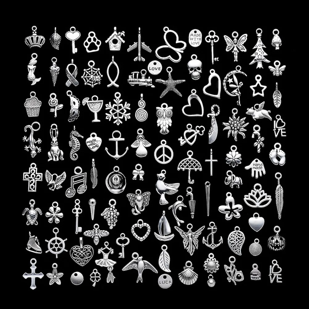 100pcs/lot Tibetan Silver Mixed Animal Leaf Key Crown Charms Alloy Metal Pendants For DIY Handmade Jewelry Accessaries Making
100pcs/lot Tibetan Silver Mixed Animal Leaf Key Crown Charms Alloy Metal Pendants For DIY Handmade Jewelry Accessaries Making