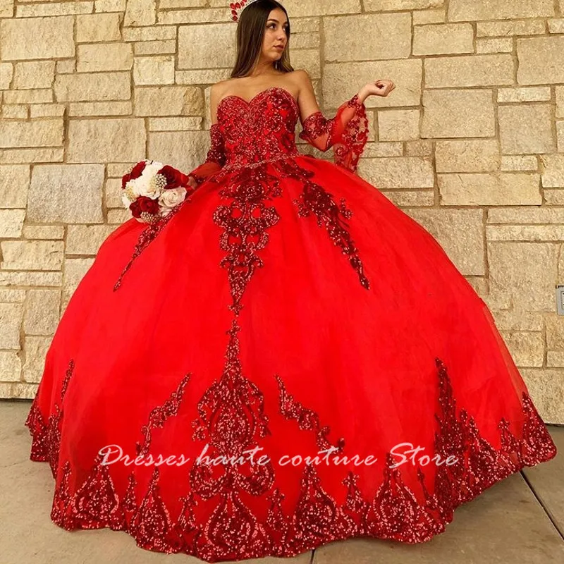 

Red Organza Sweet 16 Quinceanera Dress Sequined Applique Beaded Sweetheart Pageant Dress Mexican Girl Birthday Gown